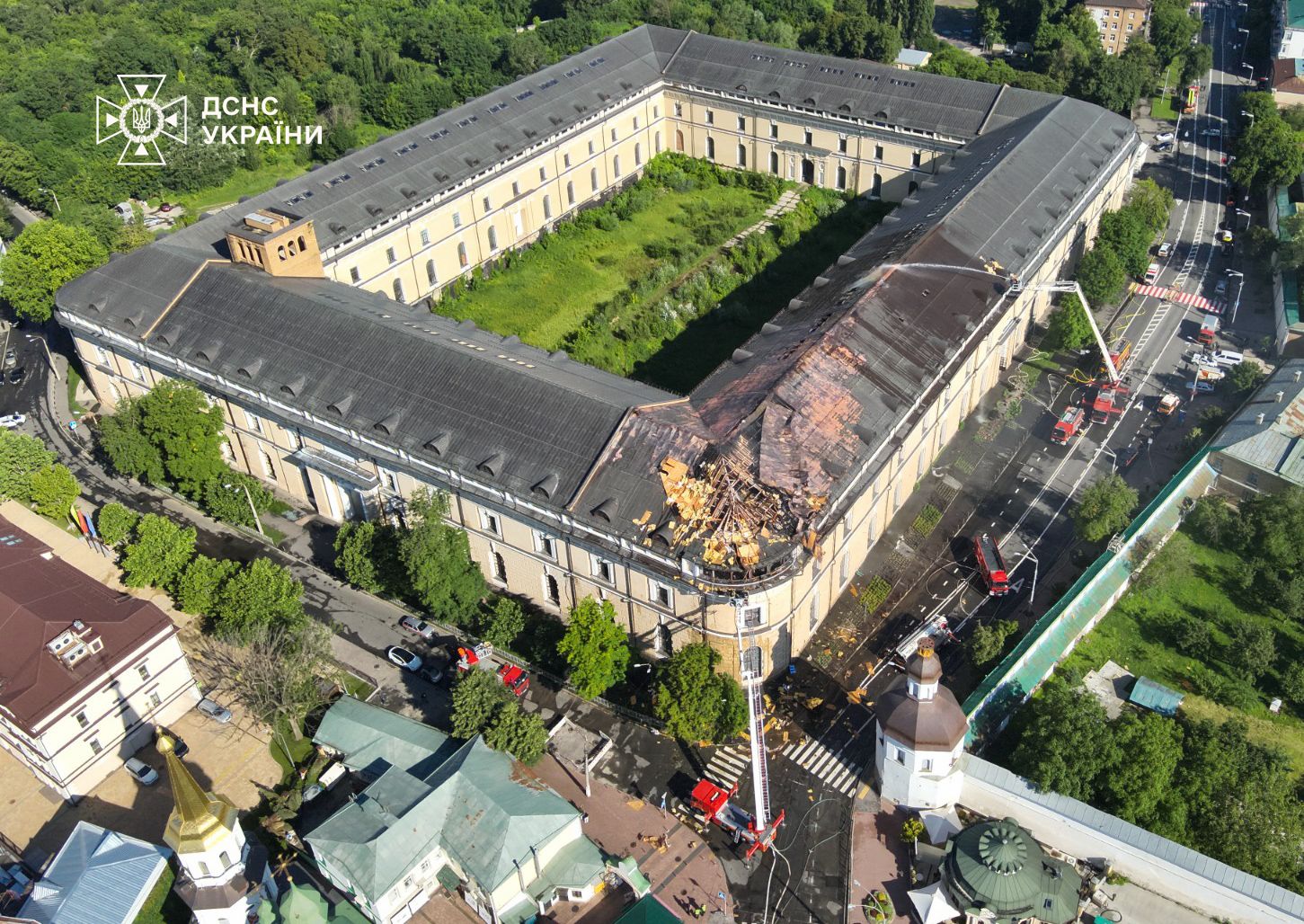 Aerial view of fire damage near the Arsenal at the Kyiv-Pechersk Lavra.